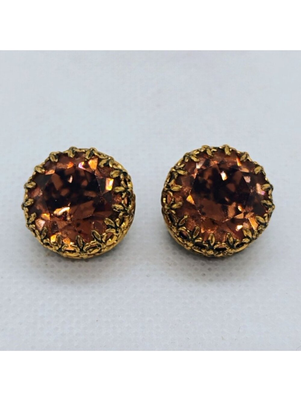 Vtg Austrian Amber Rhinestone Clip On Earrings Made In Austria Round